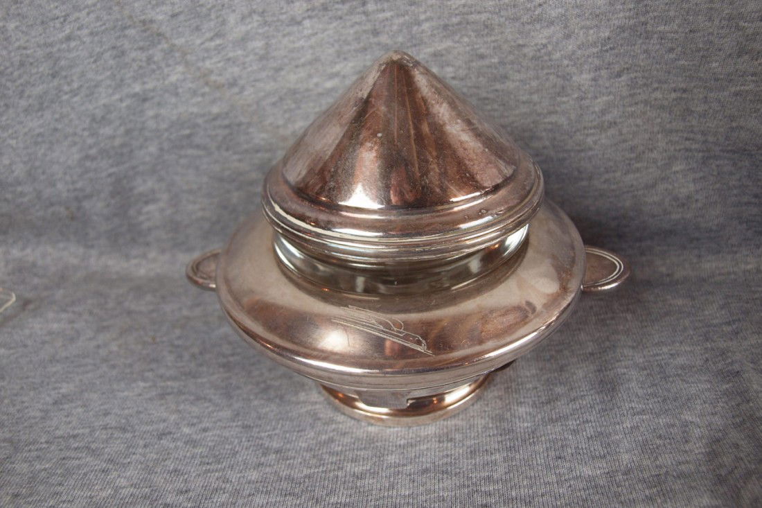 UPRR railroad holloware covered supreme with glass: UPRR railroad holloware covered supreme with glass insert, 5 pieces, International Silver