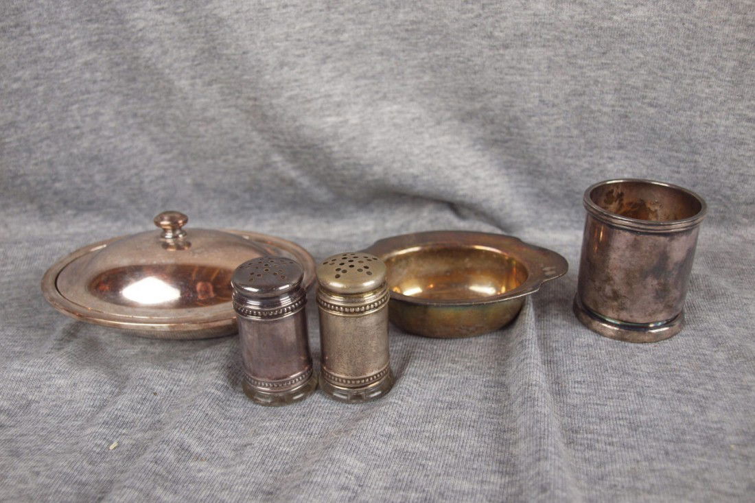Railroad holloware lot of 5 pieces - small oval co: Railroad holloware lot of 5 pieces - small oval covered dish (P.M.H), small oval dish (DD&RGWRR), toothpick holder (C&NWRY) and salt & pepper