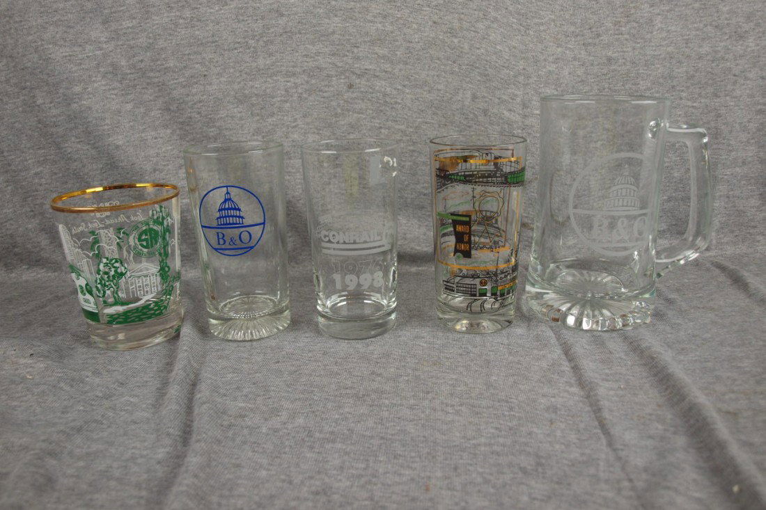 Lot of 22 railroad glasses 5-SR, 6-B&O, 4-Conrail,: Lot of 22 railroad glasses 5-SR, 6-B&O, 4-Conrail, 6 Union Railroad and large B&O mug
