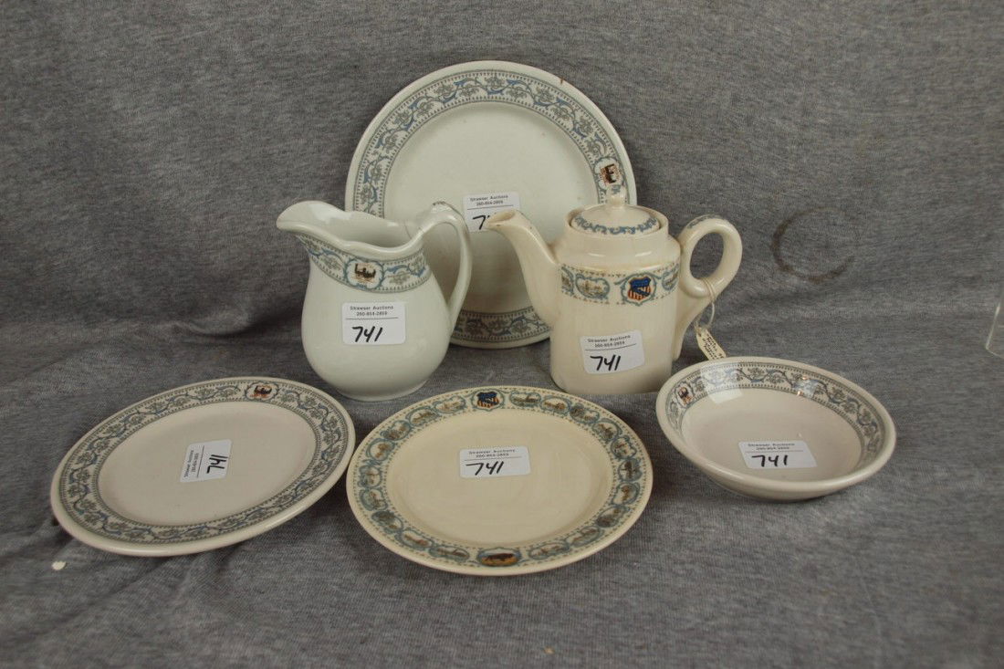 Union Pacific Historial Pattern railroad china lot: Union Pacific Historial Pattern railroad china lot of 6 pieces - creamer (hairline), teapot (hairline), 7 3/4" plate, 2-6 1/4" plates and sauce dish, teapot and 6 1/4" plate is Union Pacific Historica