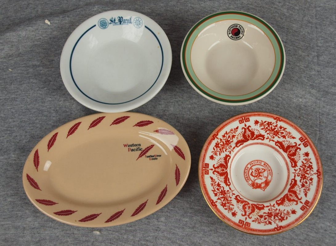 Railroad china lot of 4 items - St. Paul sauce dis: Railroad china lot of 4 items - St. Paul sauce dish, Northern Pacific sauce dish, Western Pacific oval tray and Canadian Pacific Railway dish , Minton (hairline)