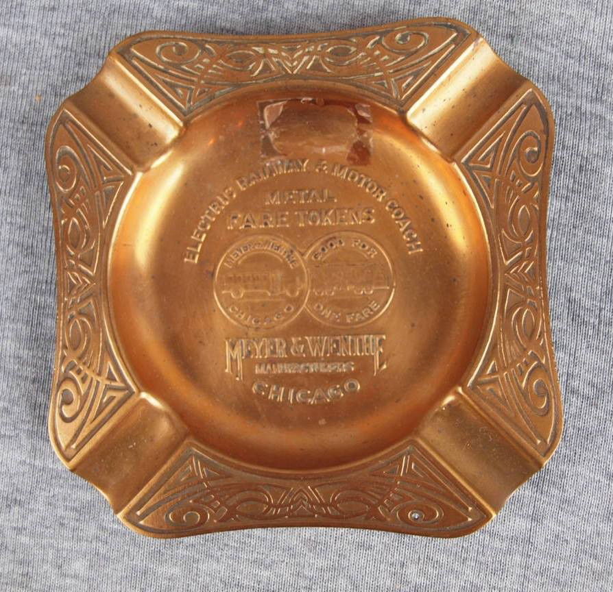Brass advertising ashtray "Electric Railway & Moto: Brass advertising ashtray "Electric Railway & Motor Coach Metal Fare Tokens, Meyer & Wenthe, Chicago"