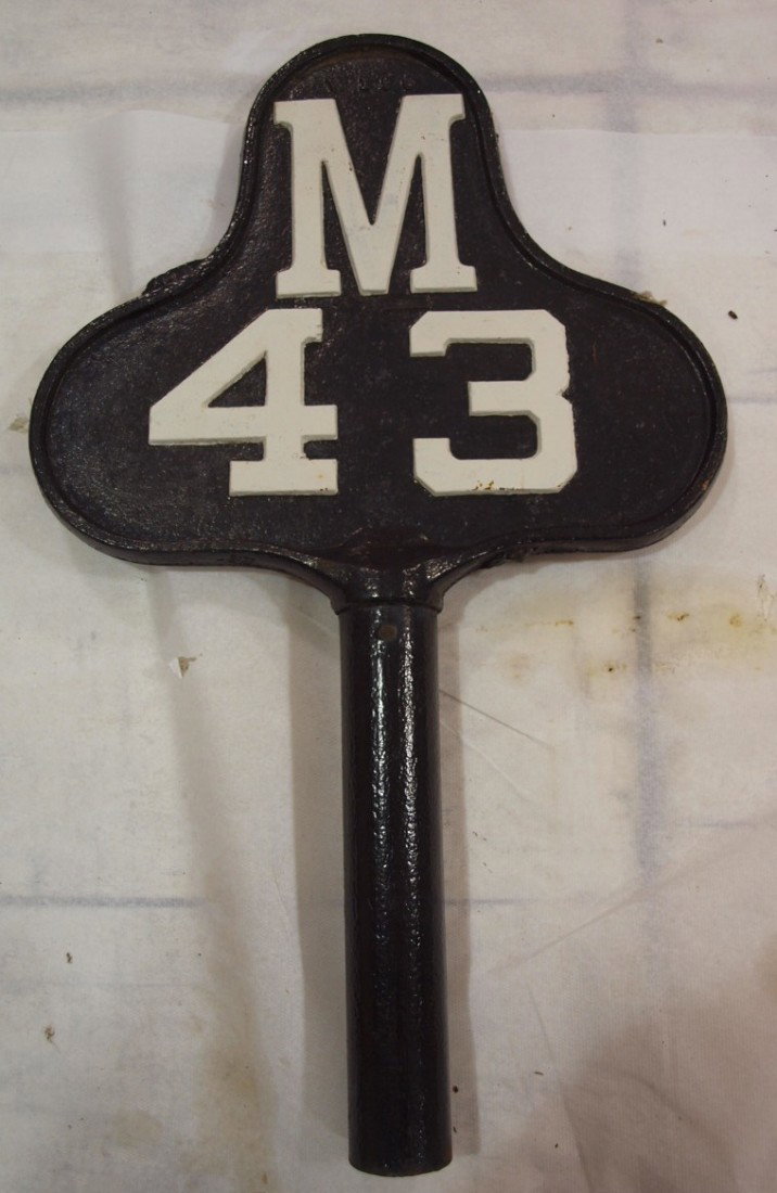Cast iron railroad sign, "C28" on one side "M43" : Cast iron railroad sign, "C28" on one side "M43" on the other , 18" x 16 1/2" plus post