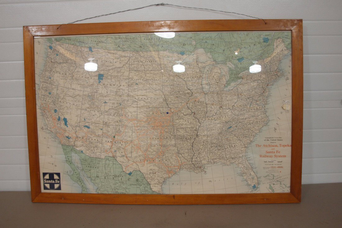 Railroad framed US map by The Atchison, Topeka an: Railroad framed US map by The Atchison, Topeka and Sante Fe Railway System", 58" x 38"