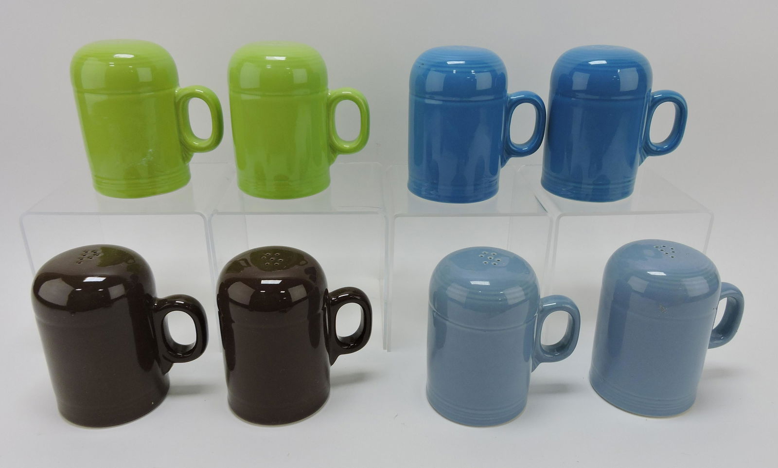 Fiesta Post 86 range shaker group:: 4 pair - chartreuse, peacock, chocolate, periwinkle