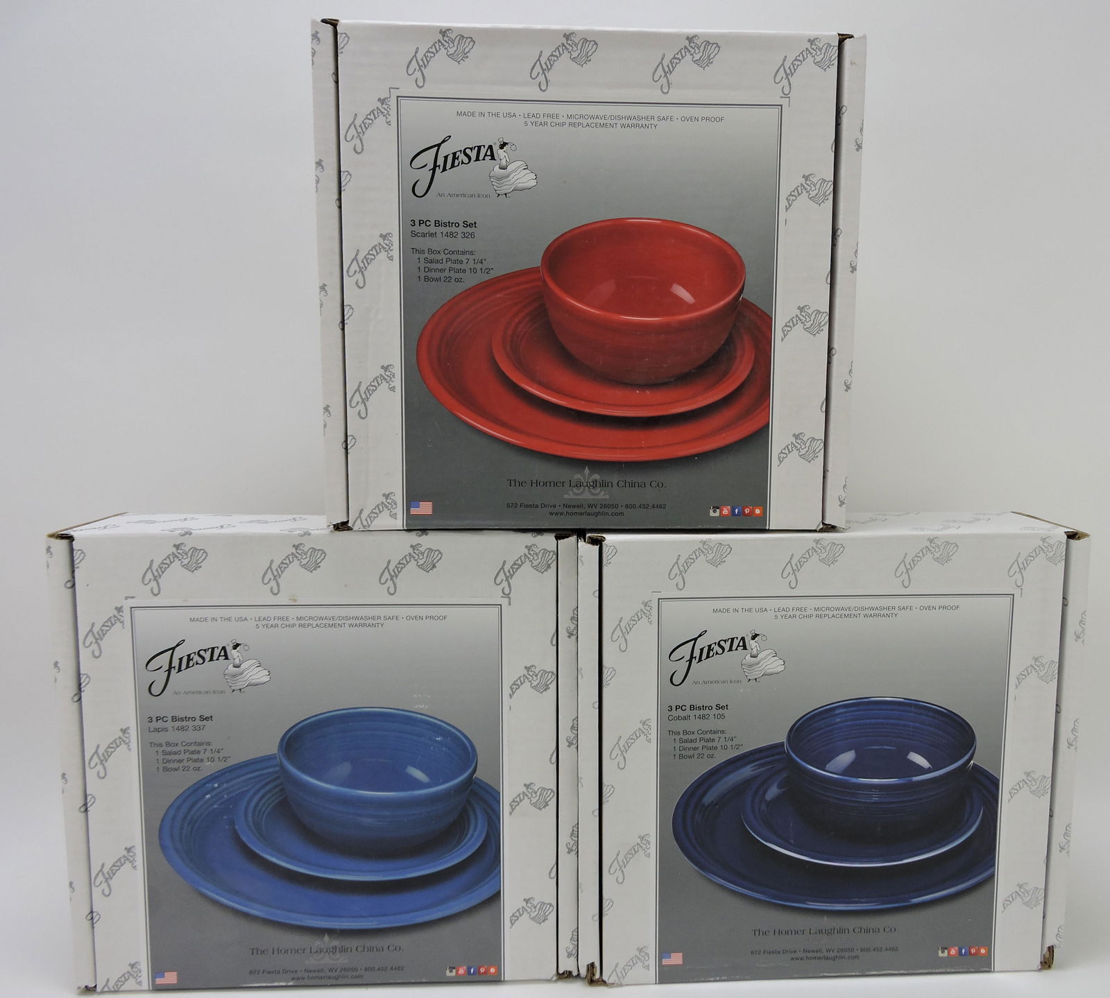 Fiesta Post 86 3 pc Bistro set, scarlet,: lapis, cobalt; with boxes