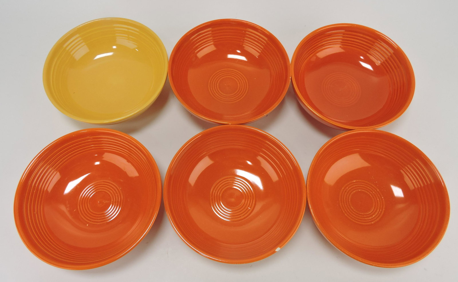 Fiesta individual salad bowl group,: 6 mixed, rim nicks