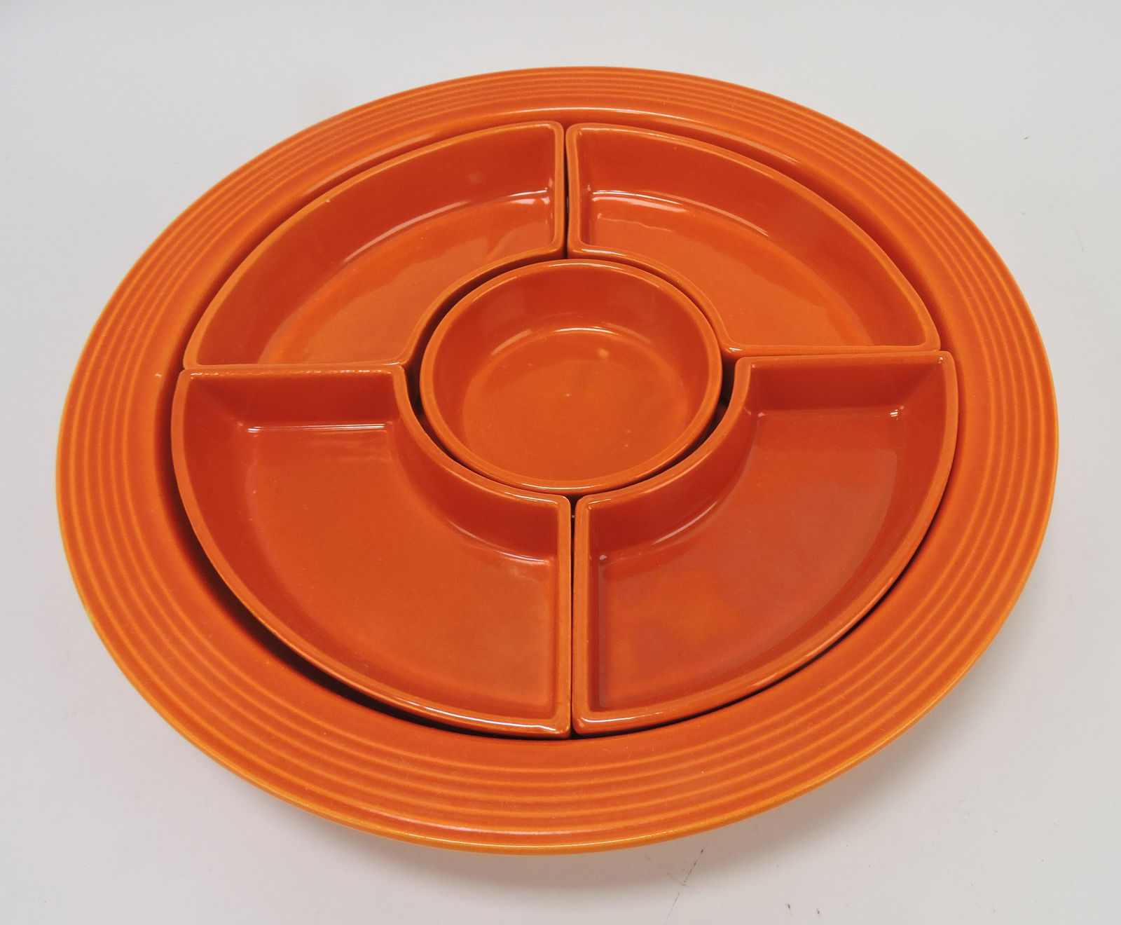 Fiesta relish tray, all red, minor nick (1 of 1)