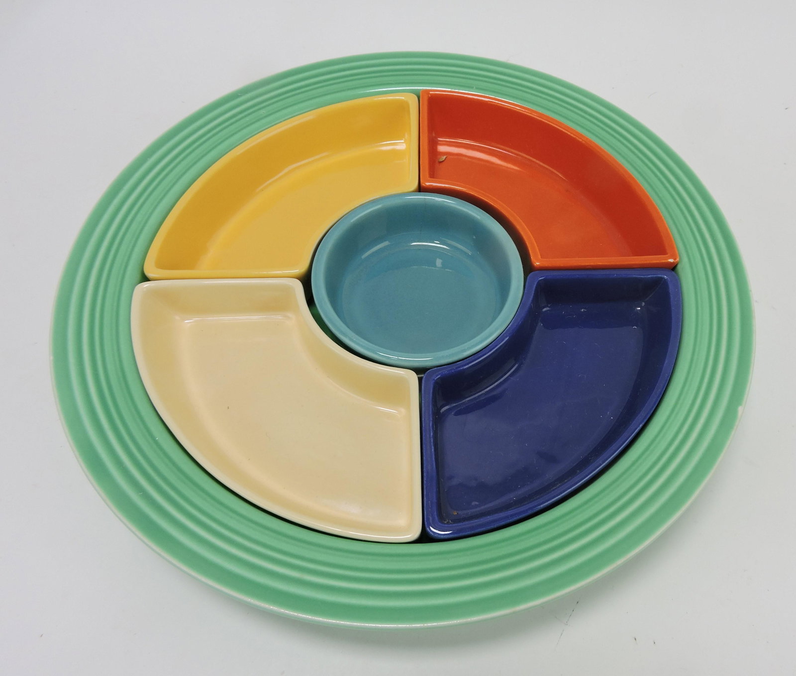 Fiesta relish tray, all 6 colors, minor: nick to tray