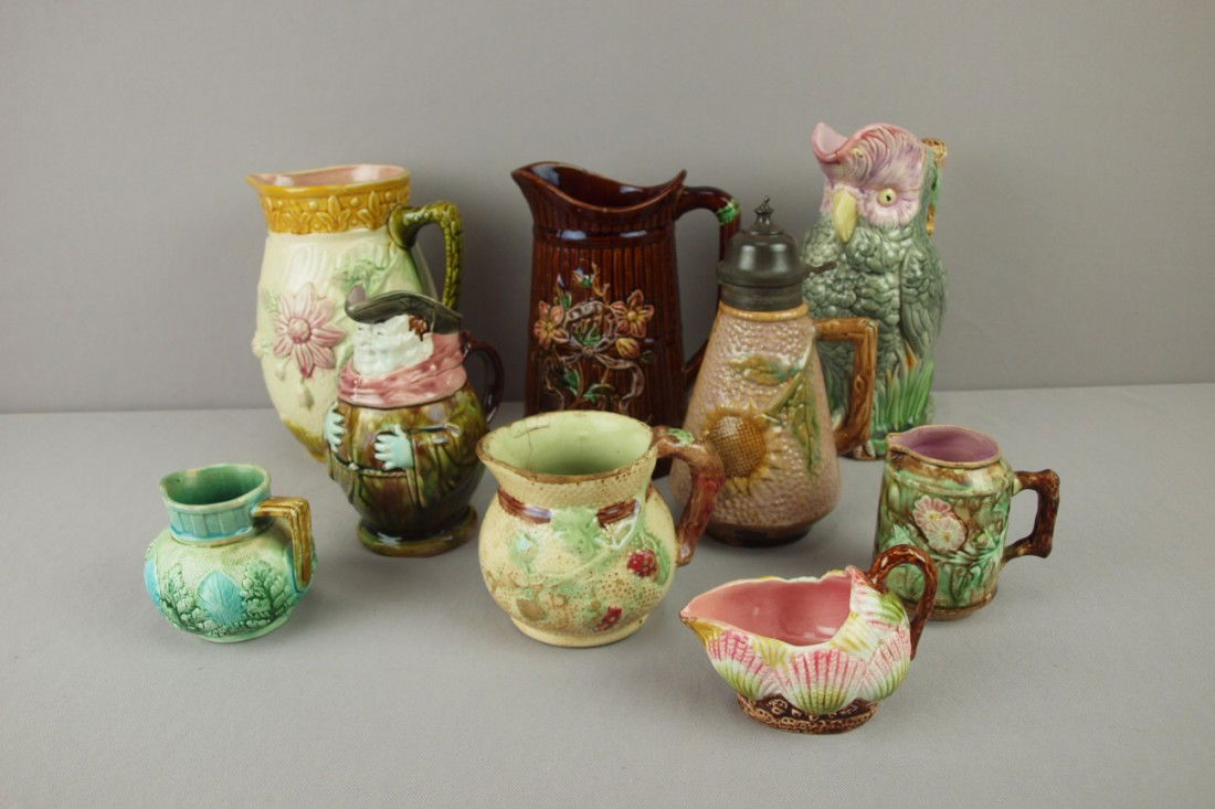 Majolica lot of 9 pitchers, various condition: Majolica lot of 9 pitchers, various condition