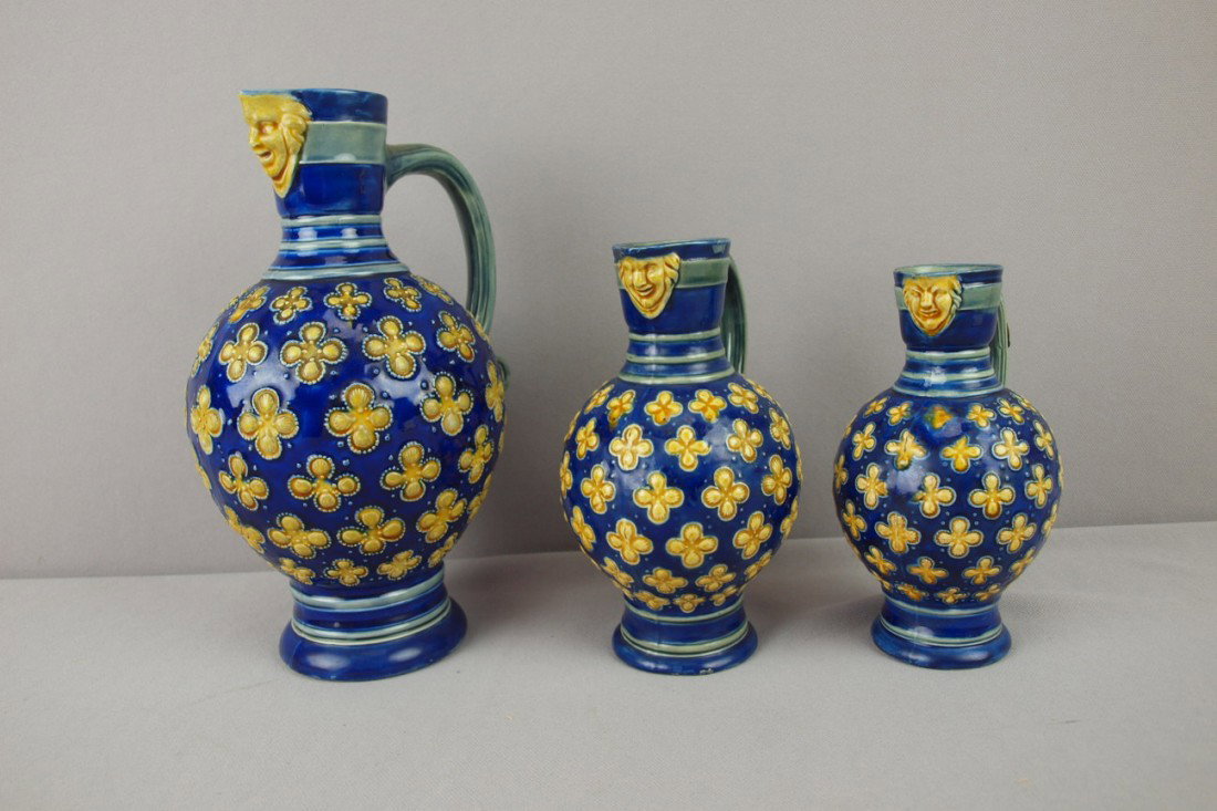MINTON majolica set of 3 graduated mask jugs, 9 1/2: MINTON majolica set of 3 graduated mask jugs, 9 1/2", 7" and 6", various condition