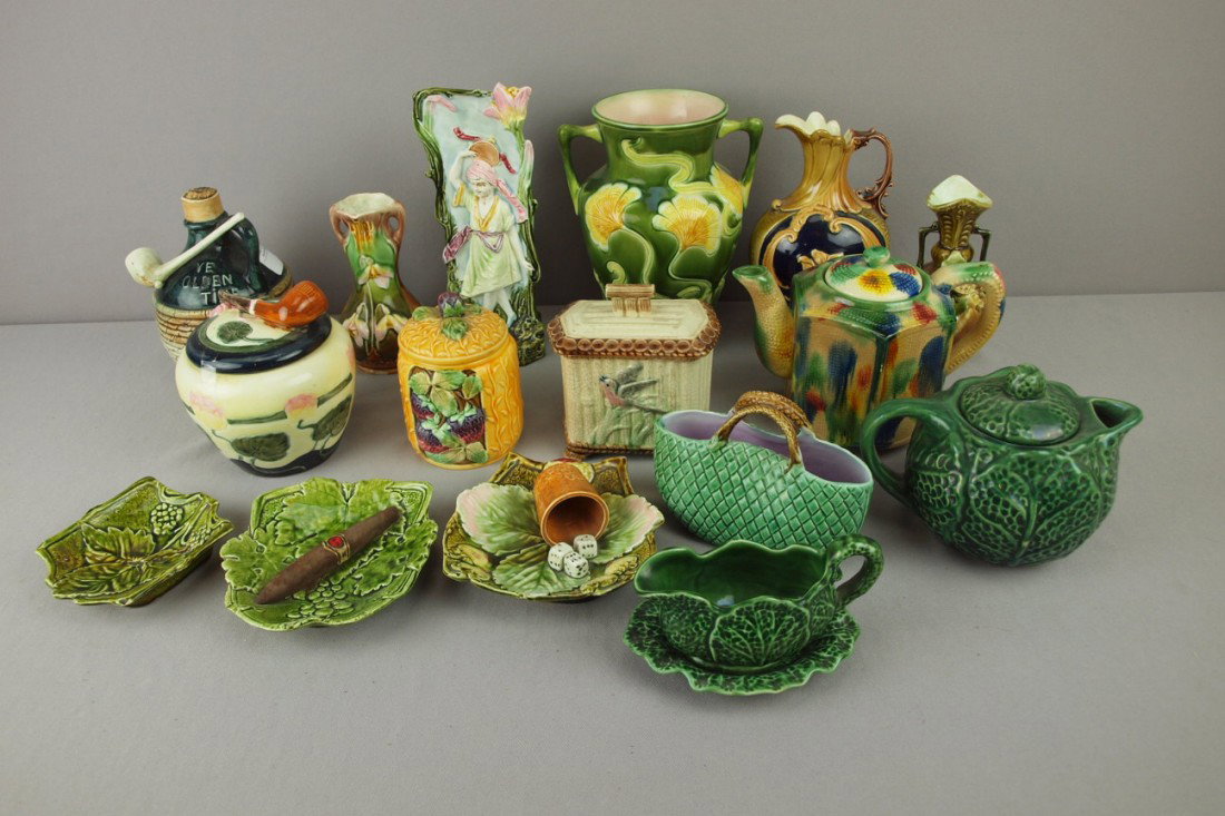 Lot of 16 assorted majolica items - vases, humidor: Lot of 16 assorted majolica items - vases, humidor, trays, ewers, teapot, sugar and more various condition