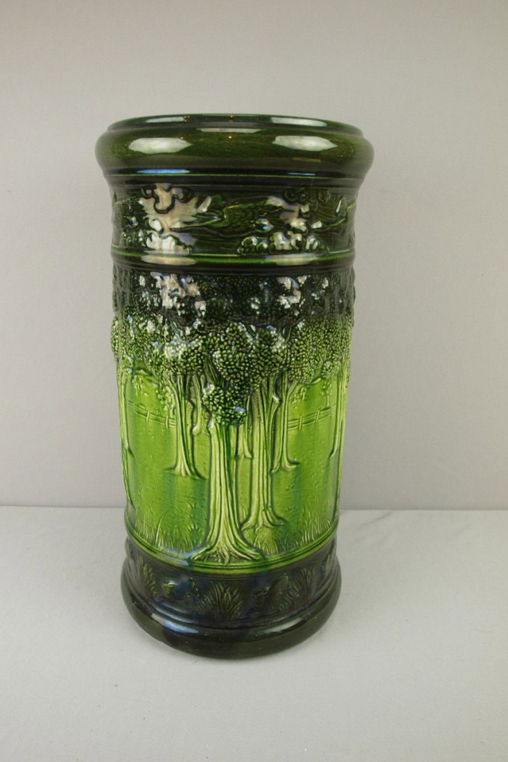 Majolica umbrella stand with trees in high relief,: Majolica umbrella stand with trees in high relief, 20"