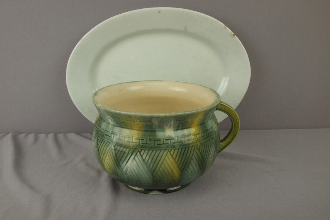 ETRUSCAN rare ironstone platter 16" and majolica c: ETRUSCAN rare ironstone platter 16" and majolica chamber pot, no lid