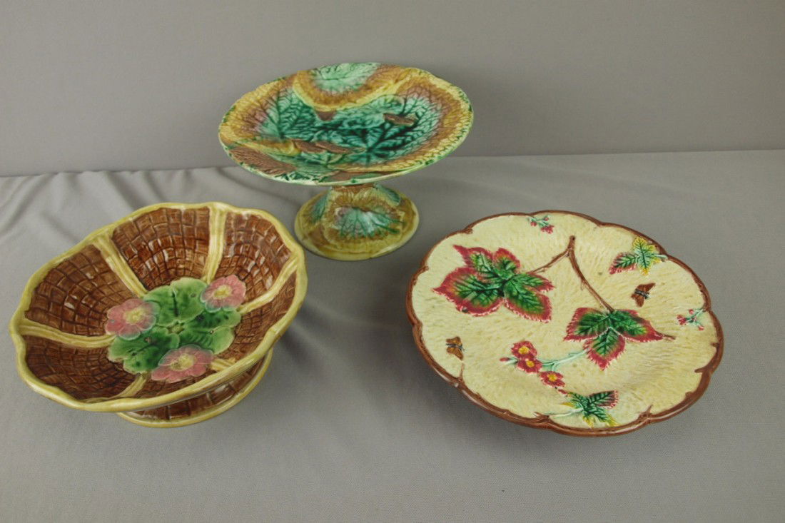 Majolica lot of 3 compotes, various condition: Majolica lot of 3 compotes, various condition