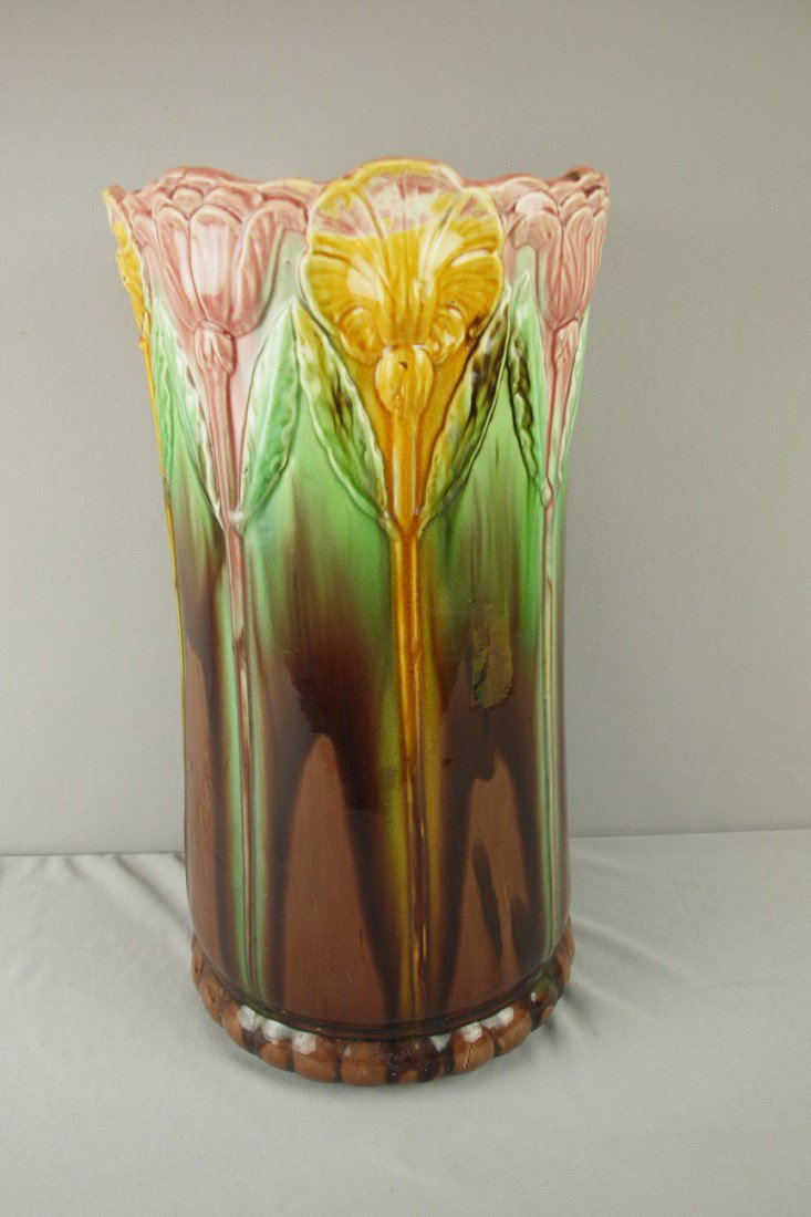 Majolica art noveau floral umbrella stand with ble: Majolica art noveau floral umbrella stand with blended colors, 21"