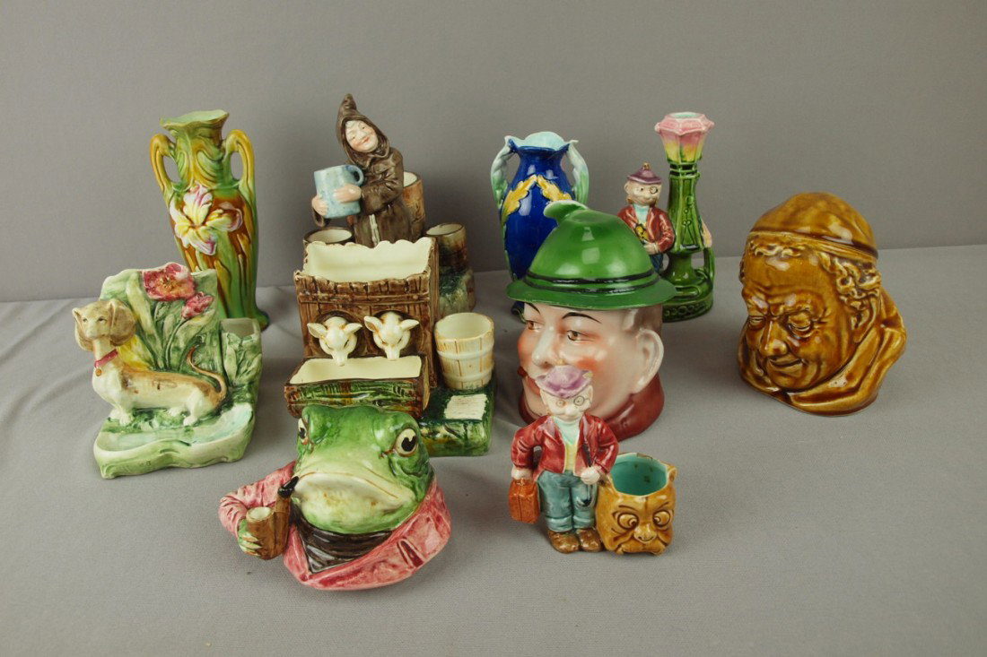 Continental majolica lot of 10 items match striker: Continental majolica lot of 10 items match strikers, humidors and vases, various condition