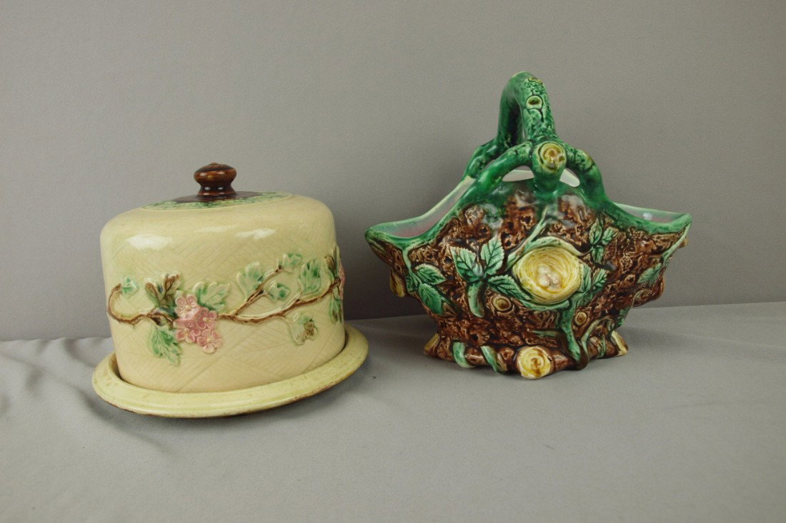 Majolica rustic cheese keeper, chip to base rim AN: Majolica rustic cheese keeper, chip to base rim AND rustic basket, repair to handle