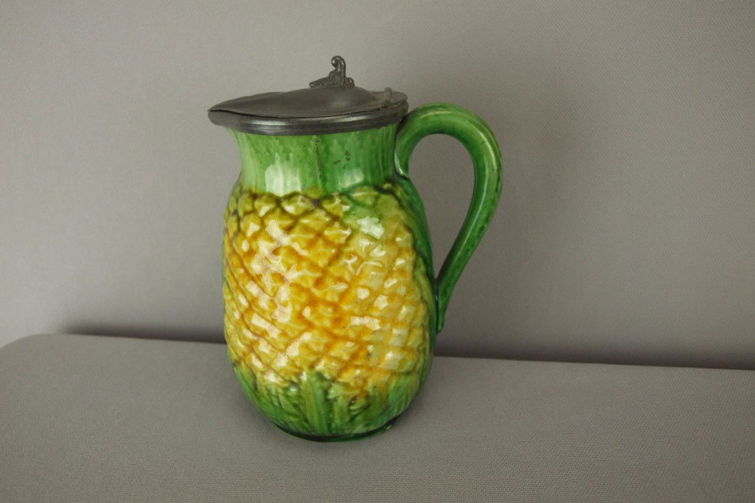Majolica pineapple syrup pitcher with pewter top,: Majolica pineapple syrup pitcher with pewter top, 5 1/2"