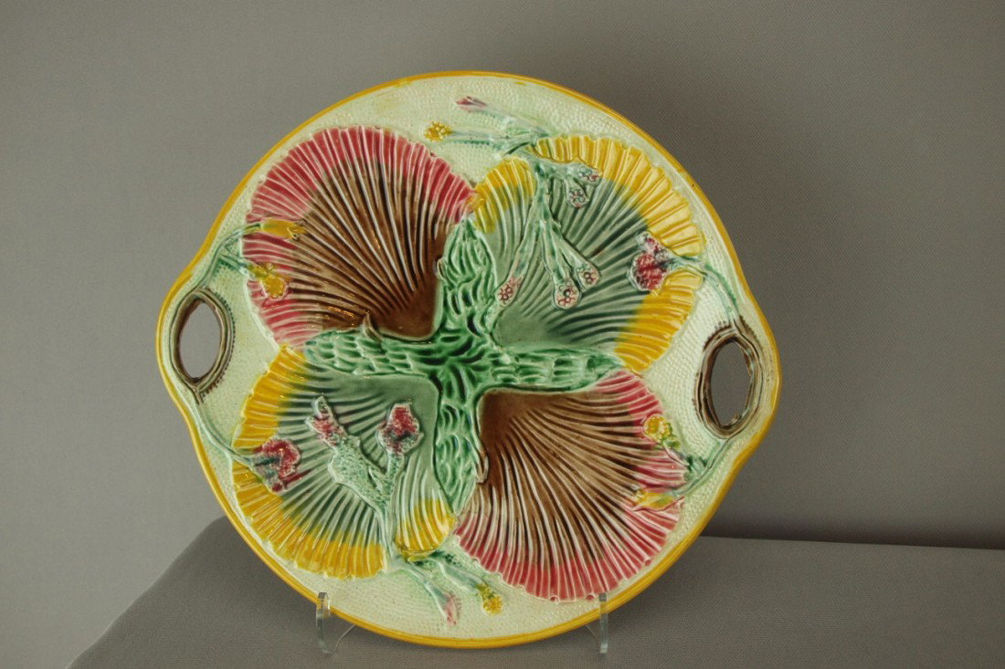 James Carr shells and coral round two handled tray: James Carr shells and coral round two handled tray, 10 3/4"