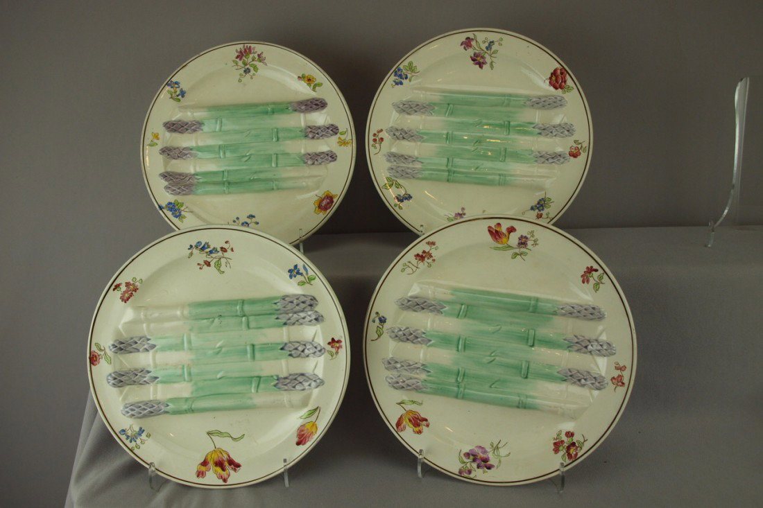 Set of 4-10" French Longchamp majolica asparagus p: Set of 4-10" French Longchamp majolica asparagus plates with floral border, not shown