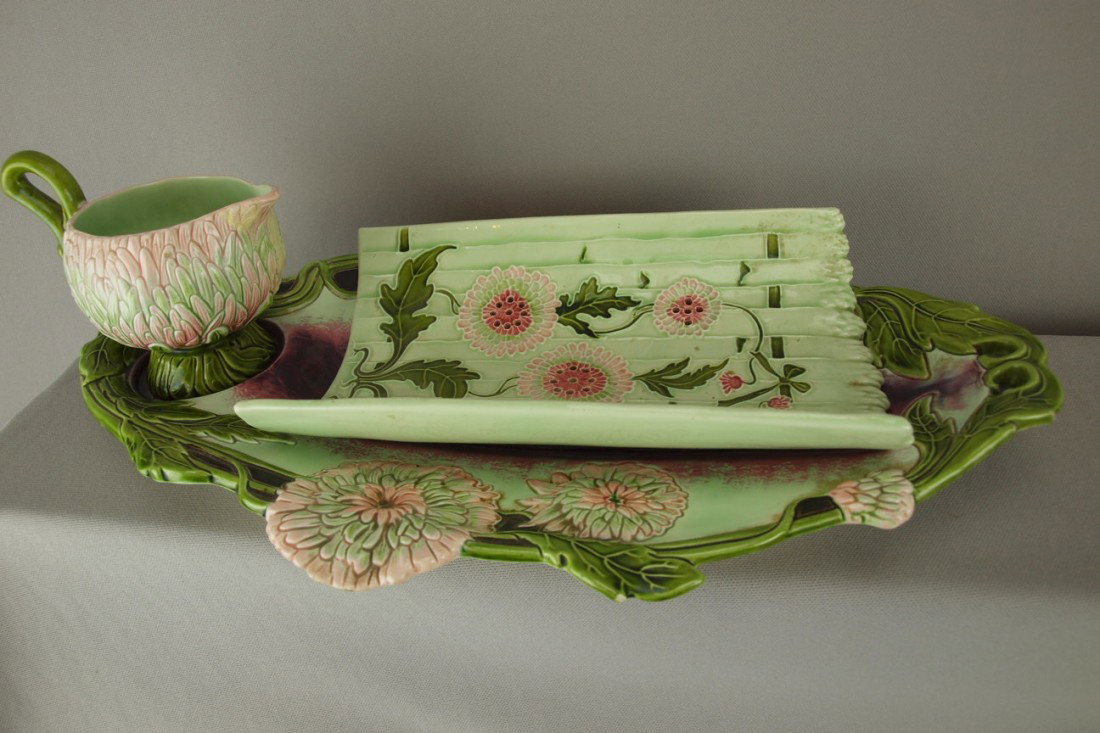 Julius Dressler three piece asparagus server with : Julius Dressler three piece asparagus server with tray, cradle and creamer, very rare to have all three pieces, minor rim repair to tray, 16"l