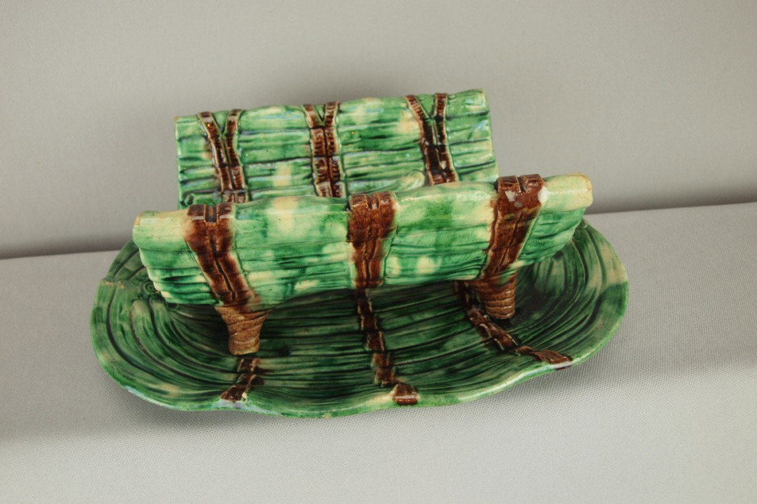 French green and brown majolica asparagus server w: French green and brown majolica asparagus server with tray and cradle, 11 1/2"l , not shown