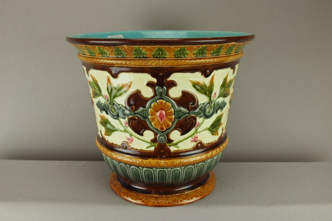 Rorstrand majolica floral and leaf jardiniere, 11": Rorstrand majolica floral and leaf jardiniere, 11"h, 12 1/2"d, professional rim repair