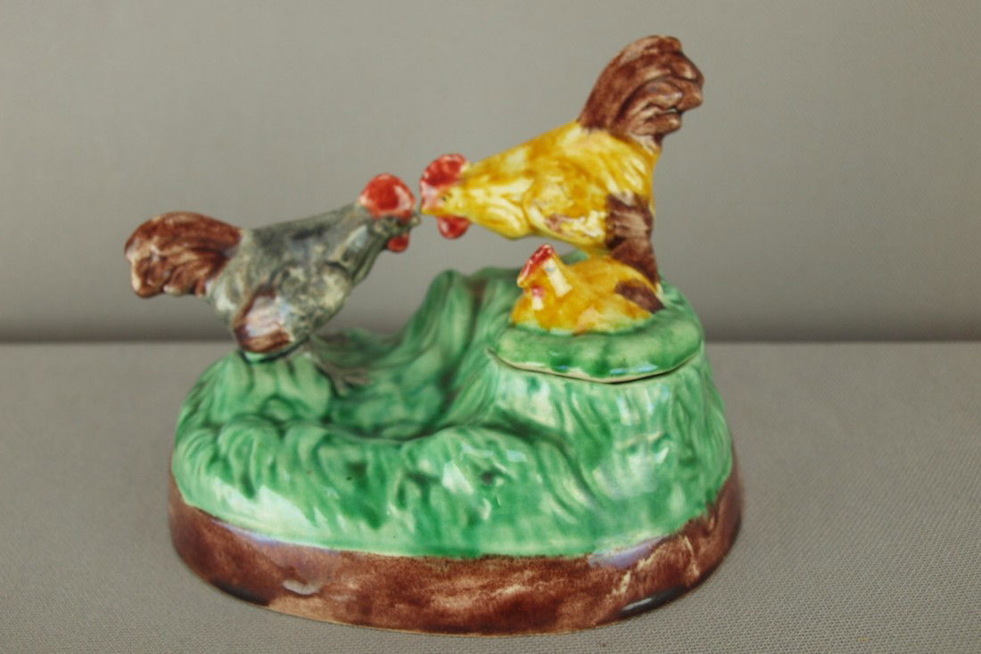 Portugal majolica roosters and hen figural inkwell: Portugal majolica roosters and hen figural inkwell with glass insert, 4 1/2"h