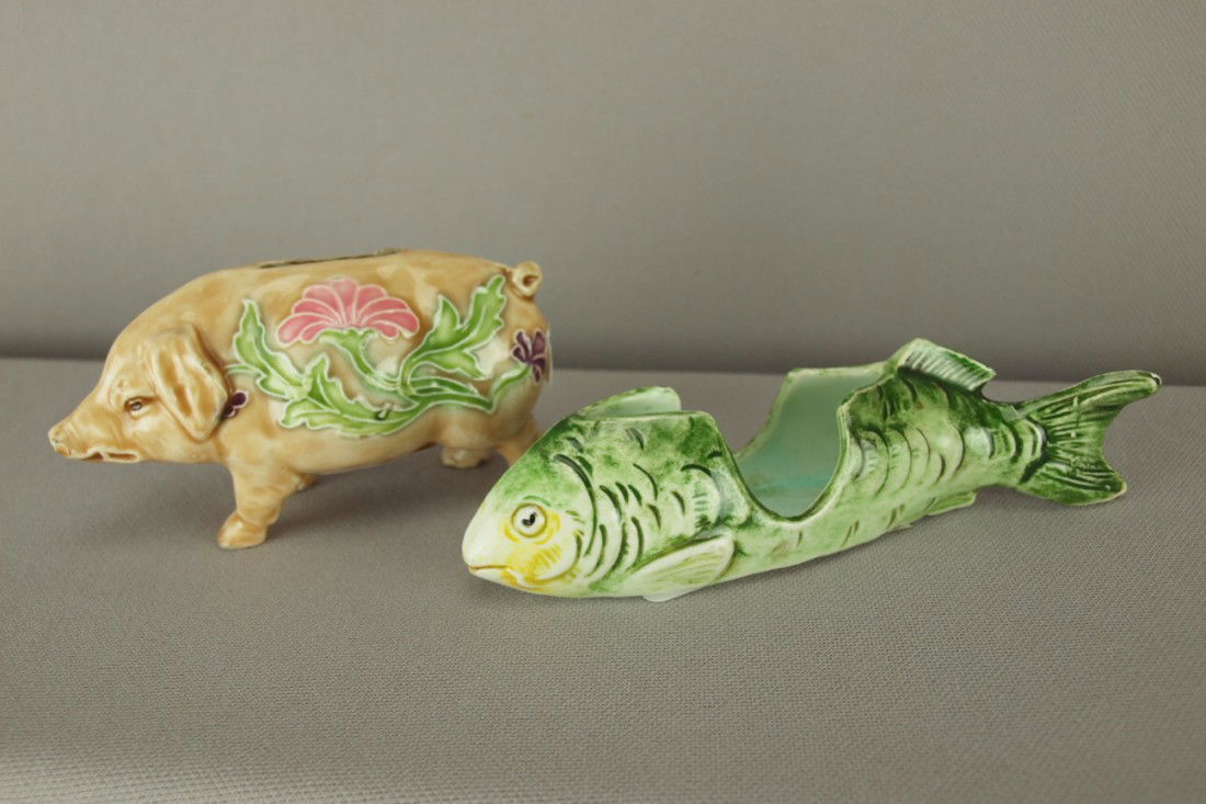 Continental majolica pig bank and fish toothpick h: Continental majolica pig bank and fish toothpick holder, nice lot