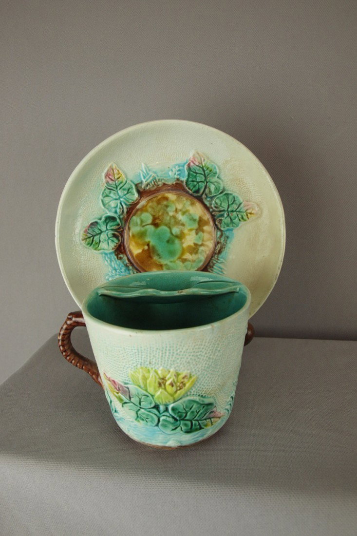 Majolica water lily mustache cup and saucer: Majolica water lily mustache cup and saucer