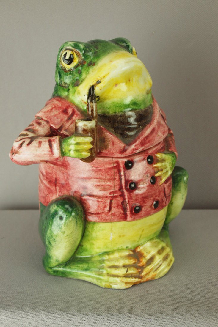 Continental frog with pipe and red smoking jacket : Continental frog with pipe and red smoking jacket figural majolica humidor, 7 1/2", hairlines to base
