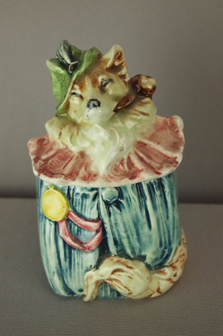 Continental fox dressed as a clown figural majolic: Continental fox dressed as a clown figural majolica humidor , 5"