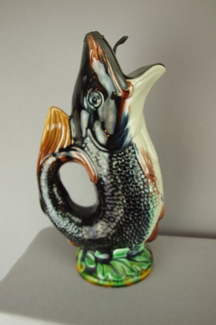 Majolica figural fish pitcher with pewter top, 11": Majolica figural fish pitcher with pewter top, 11"
