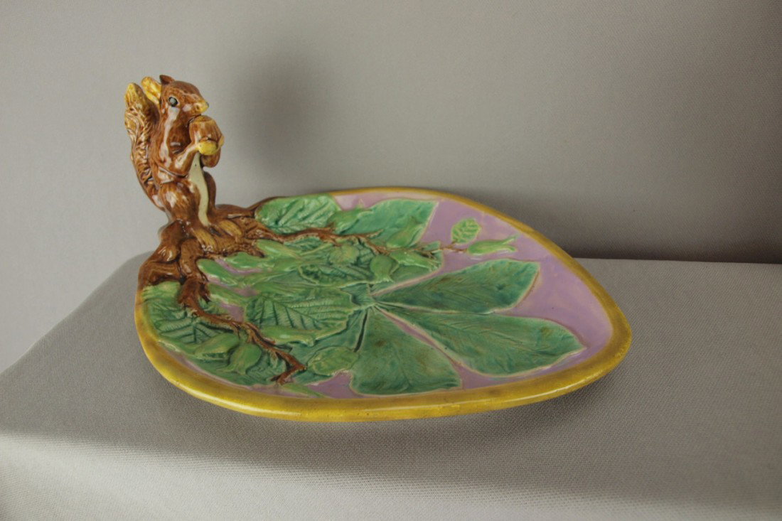 Majolica serving tray with squirrel handle, pink g: Majolica serving tray with squirrel handle, pink ground, squirrel professionally re-attached
