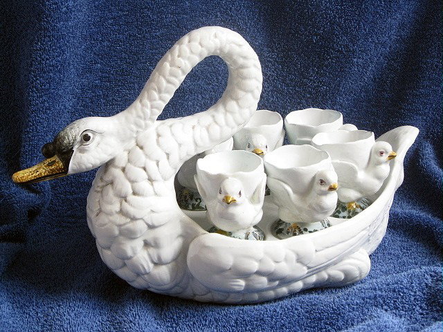 GEORGES DREYFUS majolica swan egg server, complete: GEORGES DREYFUS majolica swan egg server, complete with six chick egg cups, great detail, 13", professional repair to egg cup, rare form