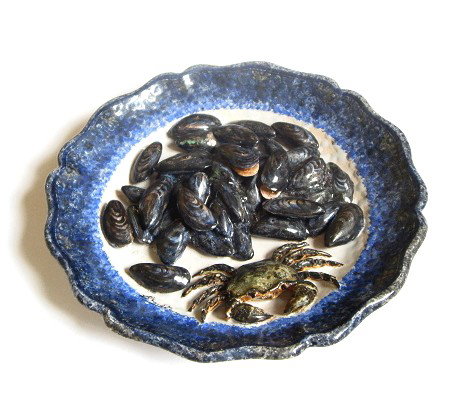 Leon Brard & Hentry Destreguil rare Palissy Ware p: Leon Brard & Hentry Destreguil rare Palissy Ware platter decorated in high relief with profusion of mussels and crab, signed on rim and back, 11 1/4"