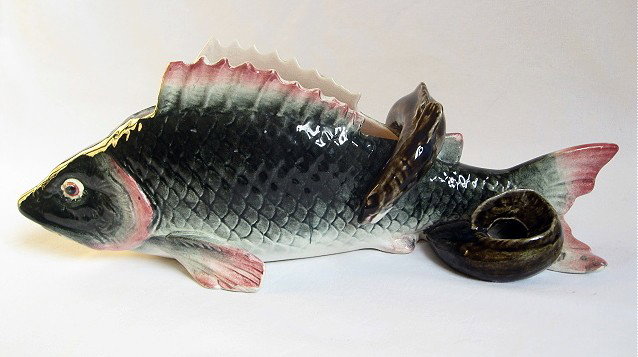 FIVES-LILLE French majolica caviar serving dish wi: FIVES-LILLE French majolica caviar serving dish with eel coiled around a fish, 13", good quality