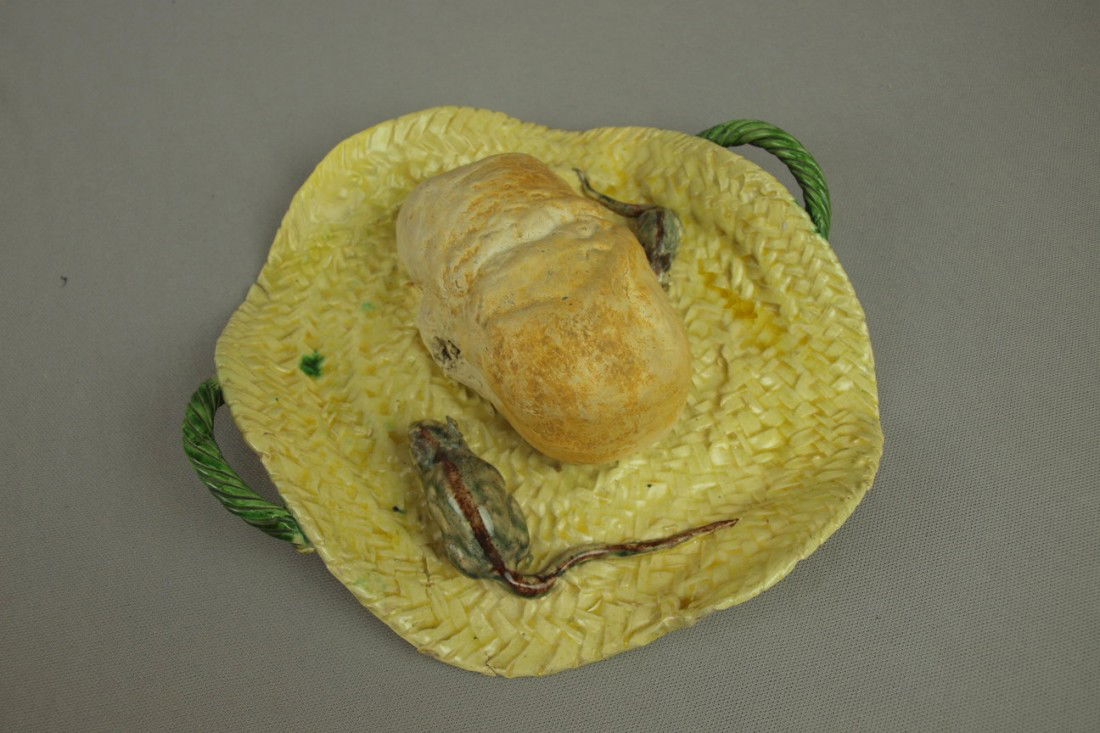 Portugal Palissy Ware majolica basket with loaf of: Portugal Palissy Ware majolica basket with loaf of bread being eaten by two mice, rare form, 9 1/2", factory firing lines