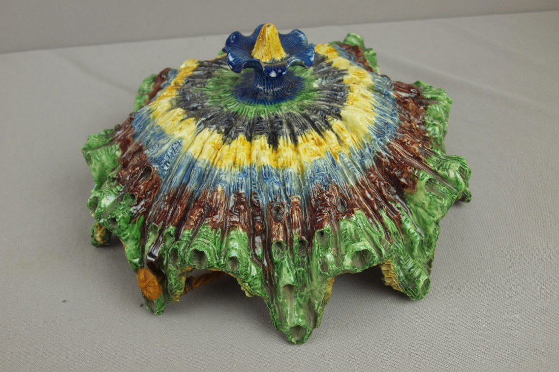 Palissy majolica shell form hanging jardiniere, 12: Palissy majolica shell form hanging jardiniere, 12", minor nicks