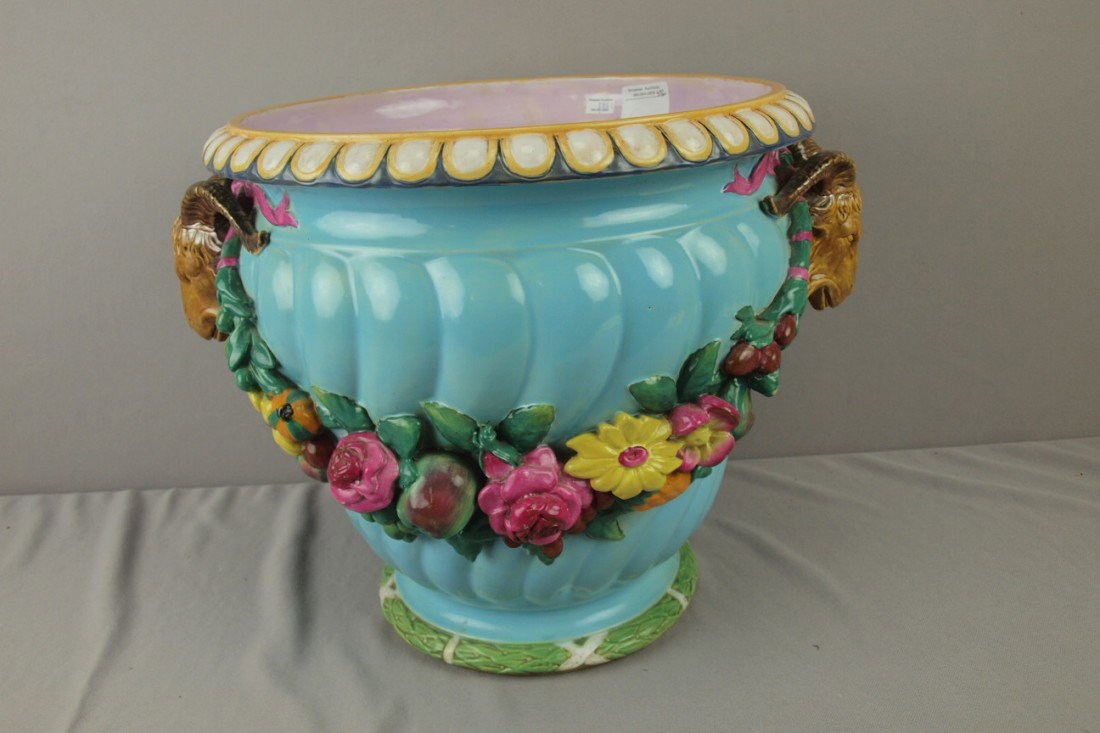 MINTON ram's head jardiniere with floral garland d: MINTON ram's head jardiniere with floral garland decoration , 13"h, 16"w