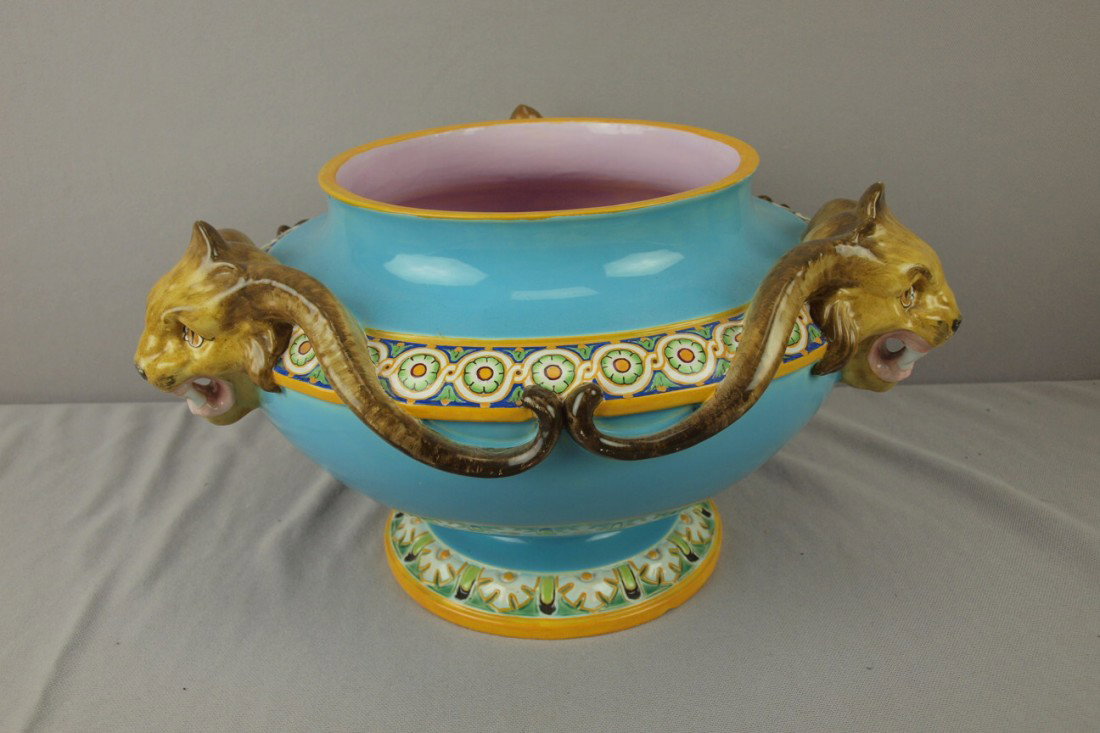 MINTON turquoise jardiniere with three griffins, 8: MINTON turquoise jardiniere with three griffins, 8"h, 13"w , minor hairline