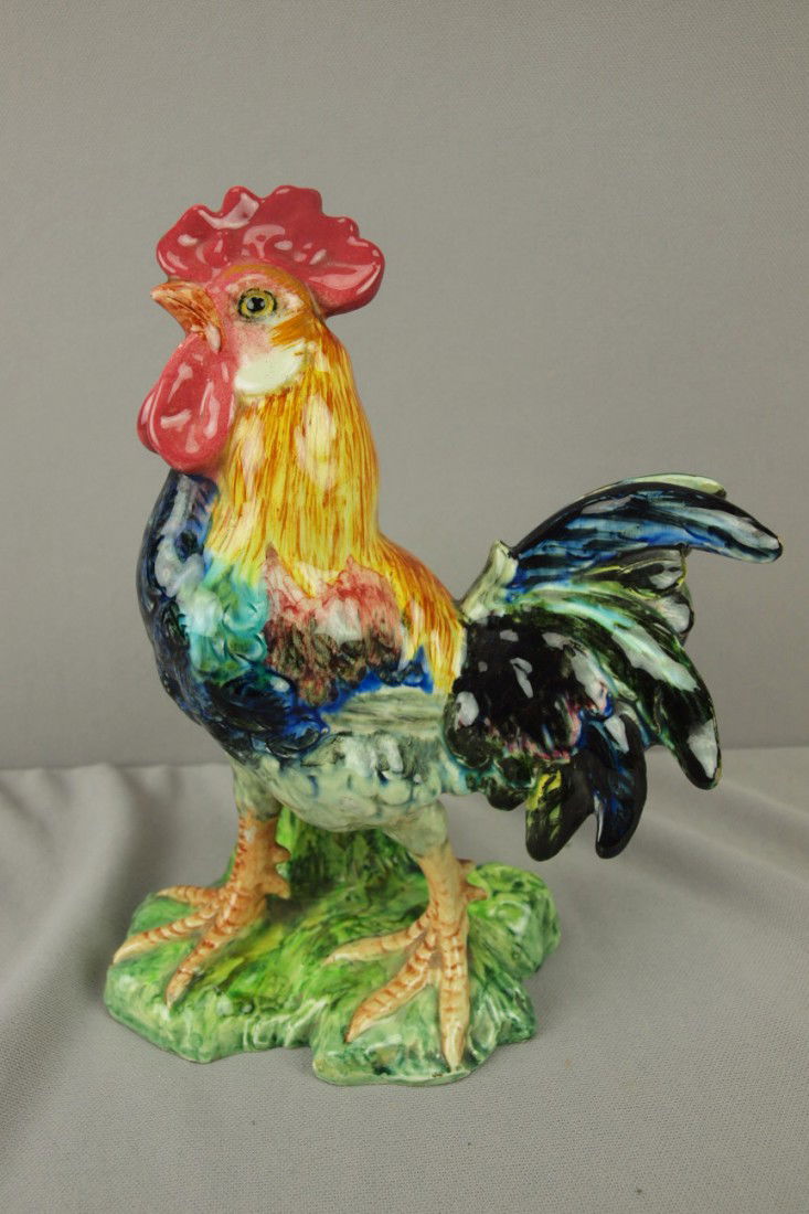 JEROME MASSIER majolica figural rooster vase, 9 1/: JEROME MASSIER majolica figural rooster vase, 9 1/2", great color, professional repair to head feathers