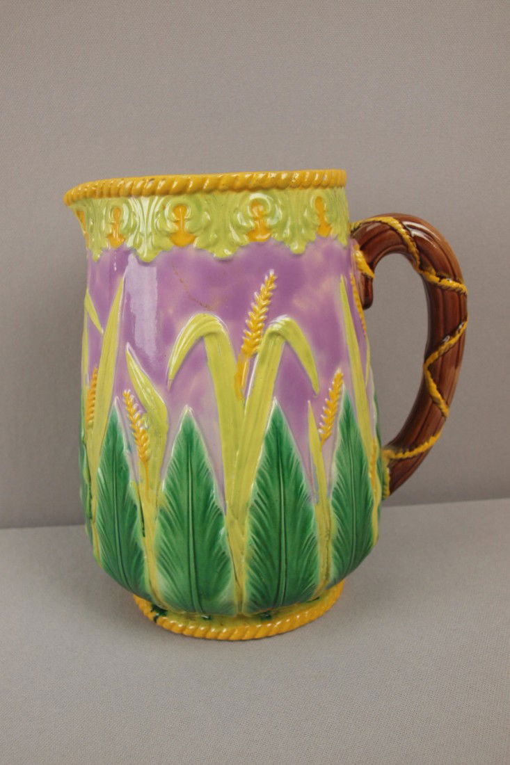 GEORGE JONES pink wheat and leaf jugh with yellow: GEORGE JONES pink wheat and leaf jugh with yellow rope trim, 8 1/2"
