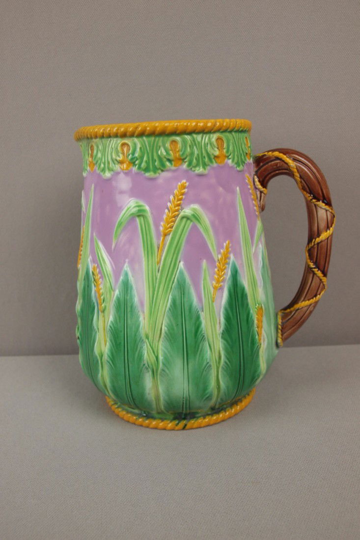 GEORGE JONES pink wheat and leaf pitcher with yell: GEORGE JONES pink wheat and leaf pitcher with yellow rope trim, nice color, 7"