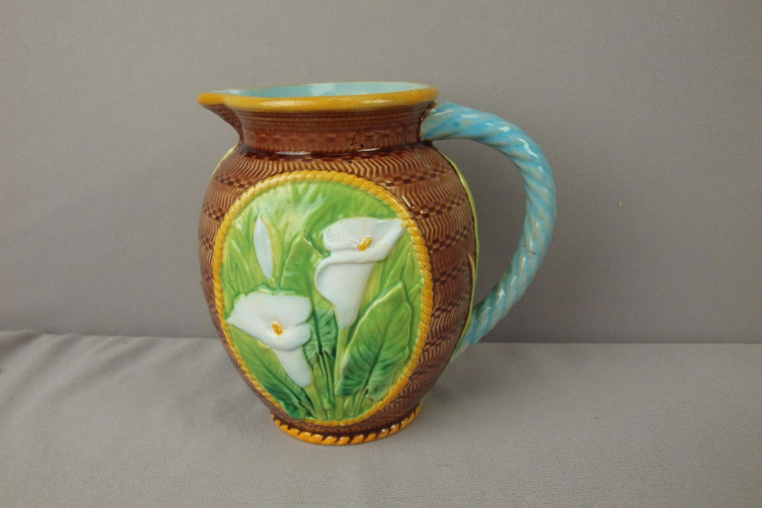 GEORGE JONES majolica calla lily pitcher, 6", hair: GEORGE JONES majolica calla lily pitcher, 6", hairline to handle