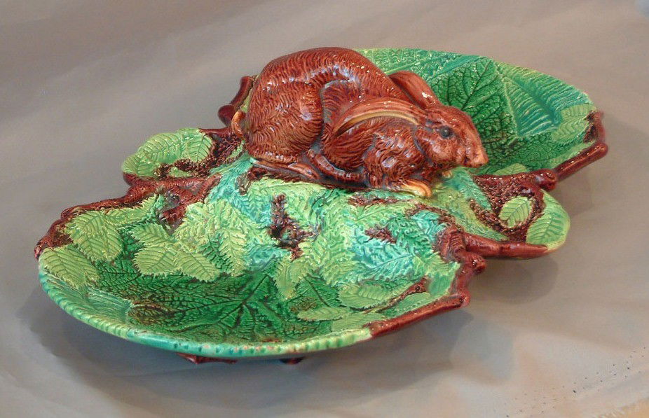 GEORGE JONES rare majolica double leaf and fern se: GEORGE JONES rare majolica double leaf and fern server with rabbit handle, great color, detail and condition, rare form, 14"