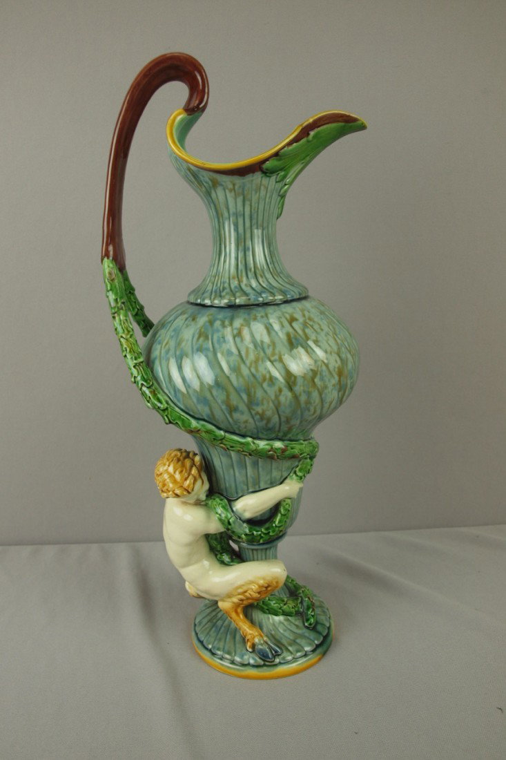 MINTON ewer with faun and laurel garland, 17 1/2",: MINTON ewer with faun and laurel garland, 17 1/2", professional repair to handle and spout