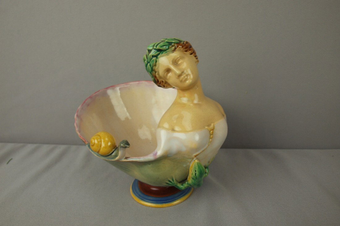 MINTON majolica figural sweet meat dish, shell for: MINTON majolica figural sweet meat dish, shell form with lady handle, salamander and snail, 6"