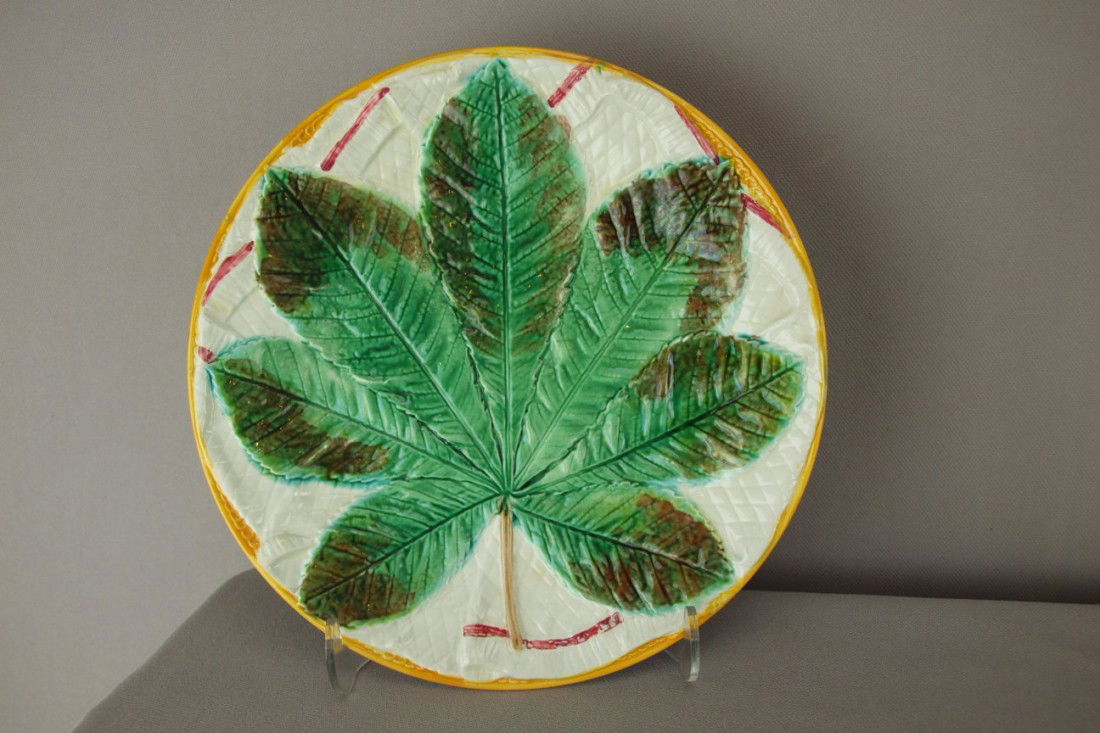 GEORGE JONES chestnut leaf on napkin plate, nice c: GEORGE JONES chestnut leaf on napkin plate, nice color, 9"